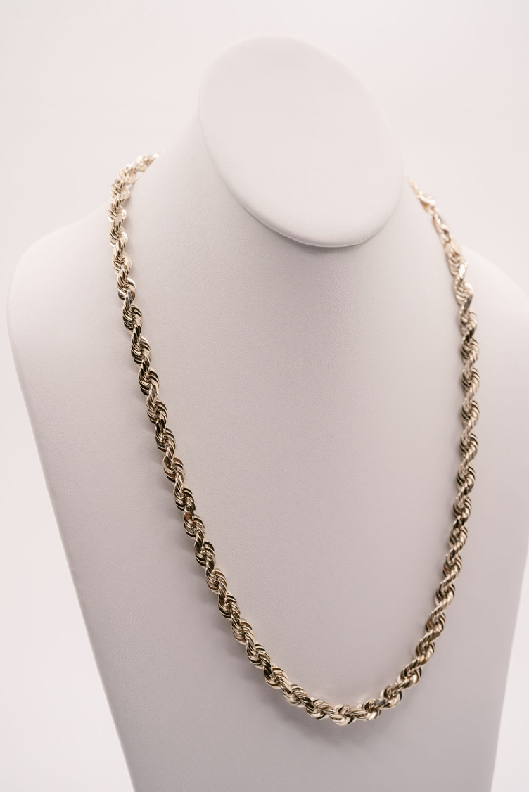 (14KT) 6MM - 10MM: White Gold Diamond Cut Rope Chain