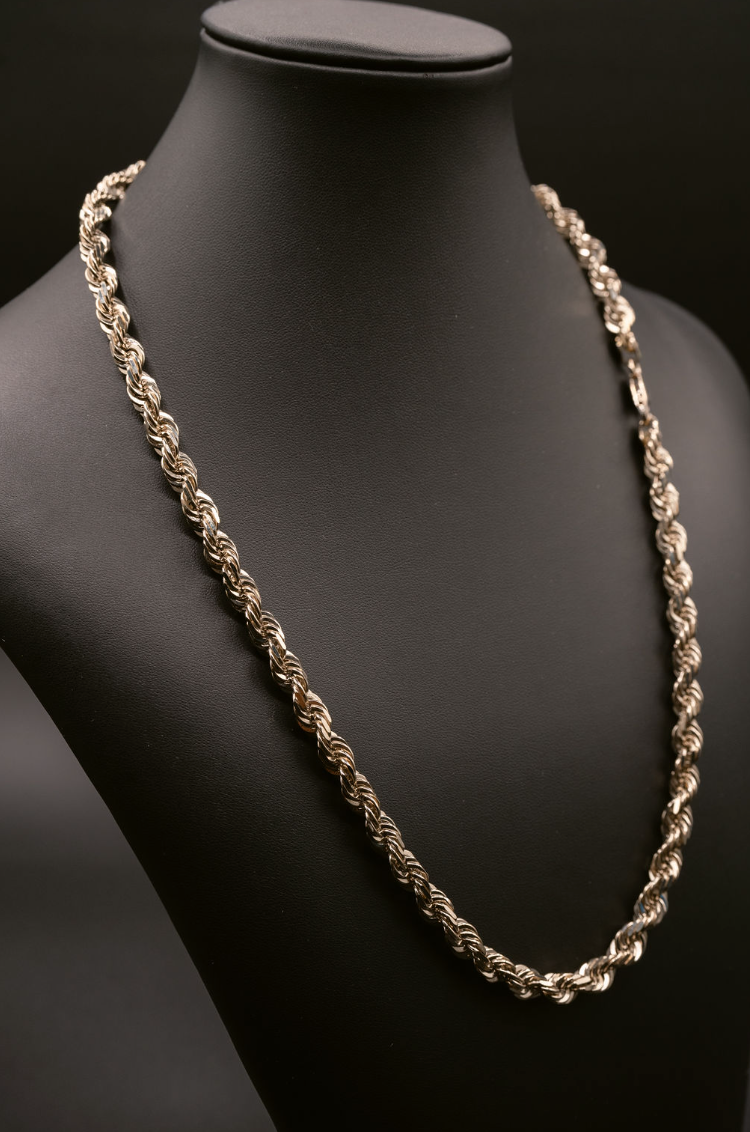(14KT) 6MM - 10MM: White Gold Diamond Cut Rope Chain